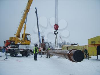 Sakhalin, Russia - 12 November 2014: Construction of the gas pipeline on the ground. Transportation of energy carriers.