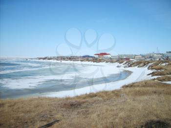 Coastal landscape of the tundra settlement. The settlement on Yamal.