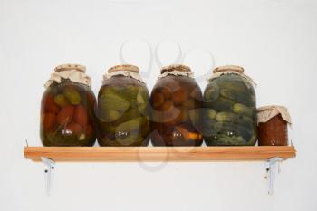 House canned food from vegetables. Stocks of food of residents of the Russian village.