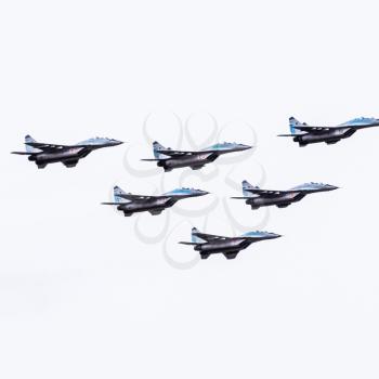Krasnodar, Russia - February 23, 2017: Air show in the sky above the Krasnodar airport flight school. Airshow in honor of Defender of the Fatherland. MiG-29 in the sky.