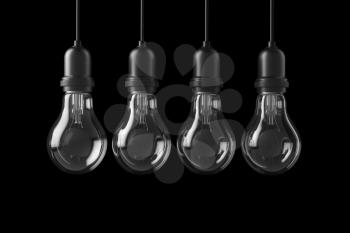 Lamp light bulbs isolated on black background. 3D illustration
