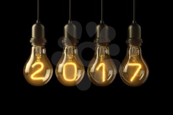 Christmas lamp light bulbs Illuminated new year 2017 on black background. 3D illustration