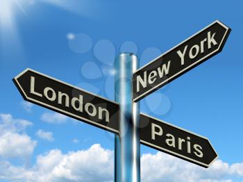London Paris New York Signpost Shows Travel Tourism And Destinations