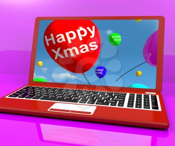 Red Balloons With Happy Xmas On Computer Show Online Greetings