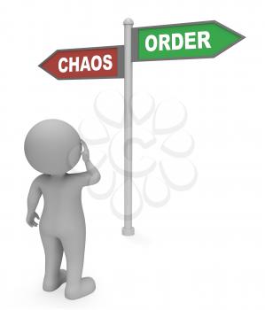 Character Looking At Chaos Order Signpost Shows Confusion And Mayhem 3d Rendering