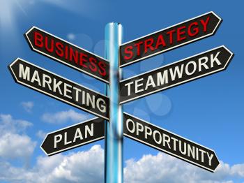 Business Strategy Signpost Showing Teamwork Marketing And Plan