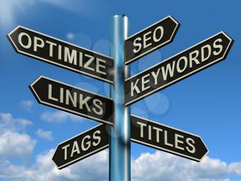 Seo Optimize Keywords Links Signpost Showing Website Marketing Optimization