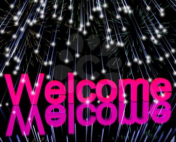 Welcome Word With Fireworks Shows Greeting Of Hospitality