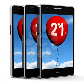 21 Balloon Phone Showing Twenty-first Happy Birthday Celebration
