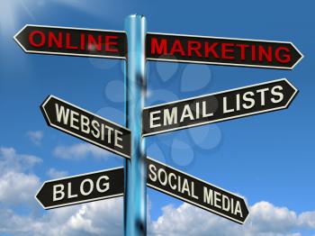 Online Marketing Signpost Shows Blogs Websites Social Media And Email Lists