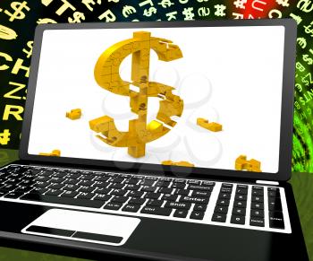 Dollar Symbol On Laptop Shows Online Currency Exchange And American Incomes