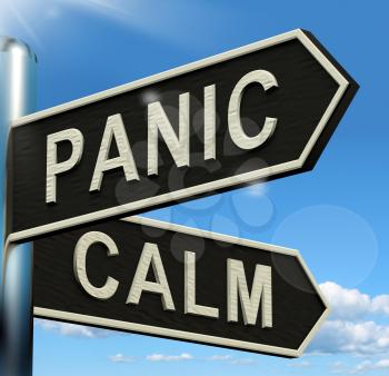 Panic Or Calm Signpost Shows Chaos Relaxation And Rest