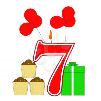 Number Seven Candle Showing Cupcakes Balloons And Presents