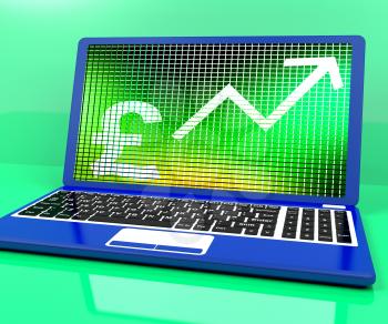 Pound Sign And Up Arrow On Laptop Shows Earnings Or Profit