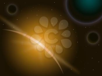 Orange Star Behind Planet Showing Galaxy Atmosphere And Universe