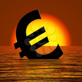 Euro Symbol Sinking And Sunset Showing Depression Recession And Economic Downturns