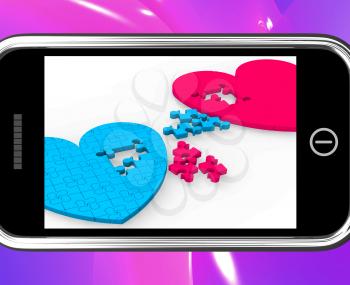 Two Hearts On Smartphone Showing Commitment And Engagement