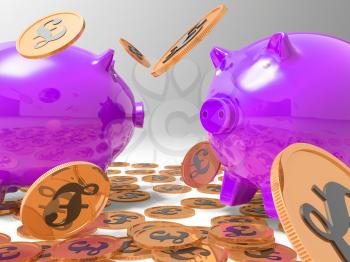 Raining Coins On Piggybanks Shows Richness And Wealth