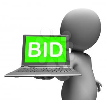 Bid Laptop Character Showing Bids Bidding Or Auction Online