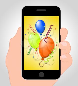 Balloons Party Online Represents Mobile Phone 3d Illustration