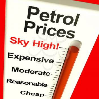 Petrol Prices Sky High Monitor Showing Soaring Fuel Expense