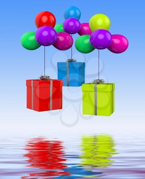 Balloons With Presents Displaying Birthday Party Or Colourful Gifts
