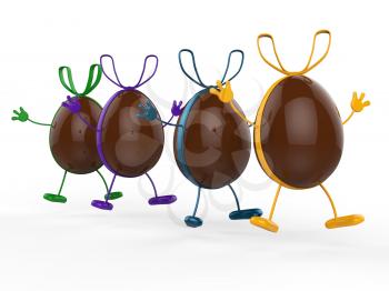 Easter Eggs Showing Gift Bow And Chocolate