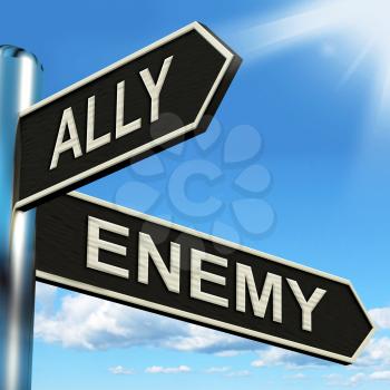 Ally Enemy Signpost Showing Friend Or Adversary