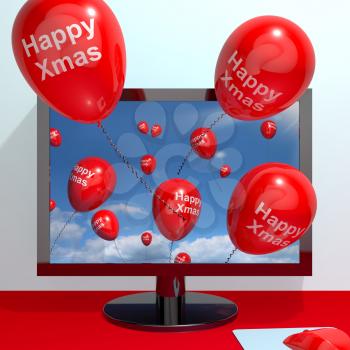 Red Balloons With Happy Xmas From Computer Screen For Online Greeting