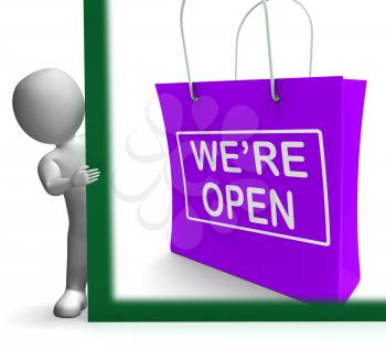 We're Open Shopping Bag Sign Showing New Store Launch