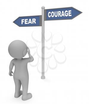 Character Looking At Fear Courage Sign Indicates Terror Or Bravery 3d Rendering