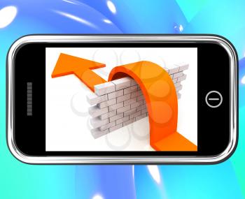 Arrow Jumping Wall On Smartphone Showing Conquer Or Overcome Obstacles