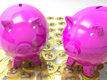 Piggybanks On Pound Coins Shows Wealthy Savings Or Richness