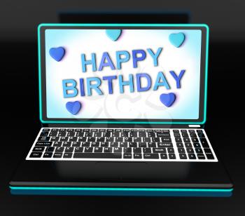 Happy Birthday Greeting On Computer Showing Internet Celebration