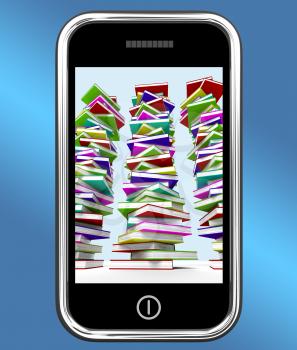 Mobile Phone With Stacks Of Books Showing Online Knowledge