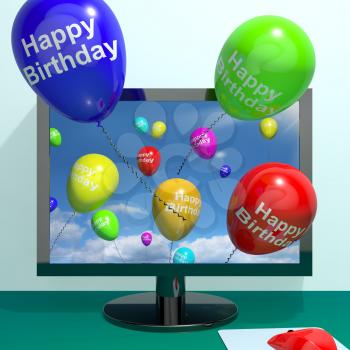 Multicolored Balloons Greeting From Computer Celebrating Happy Birthday