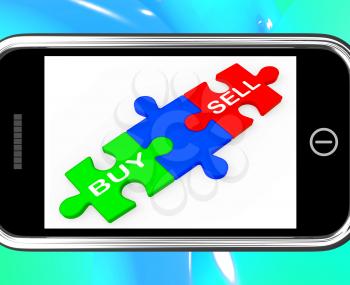 Buy And Sell Puzzles On Smartphone Shows Commerce And Commercial Transactions
