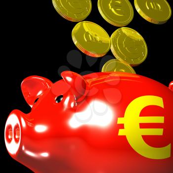 Coins Entering Piggybank Shows European Deposits And Profits