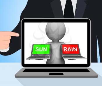 Sun Rain Laptops Displaying Weather Forecast Sunny or Raining