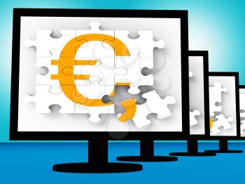 Euro Symbol On Monitors Showing Europe Profits Or Interests