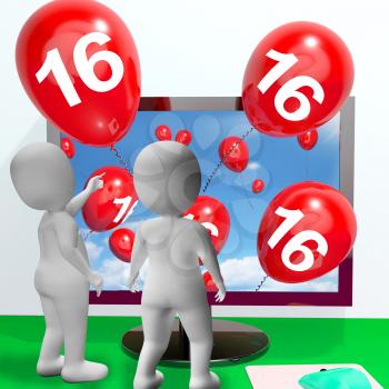Number 16 Balloons from Monitor Showing Online Invitation or Celebration