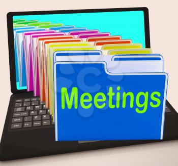 Meetings Folders Laptop Meaning Talk Discussion Or Conference
