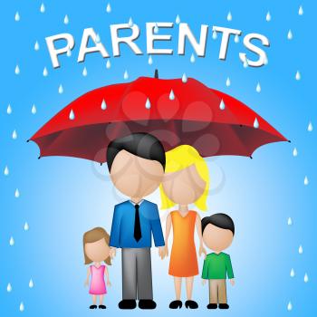 Parents Over Umbrella Shows Mother Father And Child