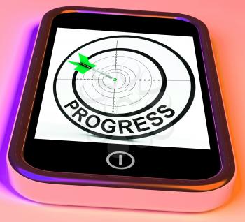 Progress Smartphone Showing Advancement Improvement And Goals
