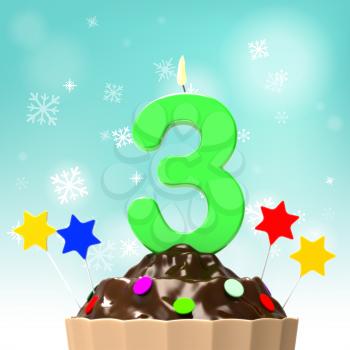 Three Candle On Cupcake Showing Toddler Birthday Party Or Celebrations