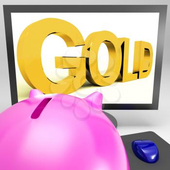 Gold On Monitor Shows Wealth And Financial Treasure