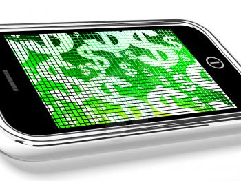 Dollars On Mobile Screen Showing Money Or Wealth