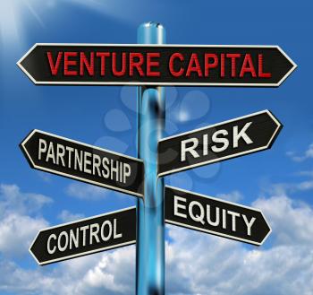 Venture Capital Signpost Showing Partnership Risk Control And Equity