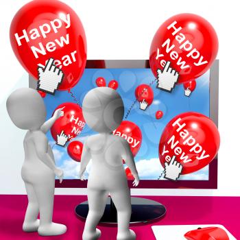 Happy New Year Balloons Showing Online Celebration Or Invitations