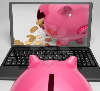 Coins Piggy Laptop Showing Banking Financial Success